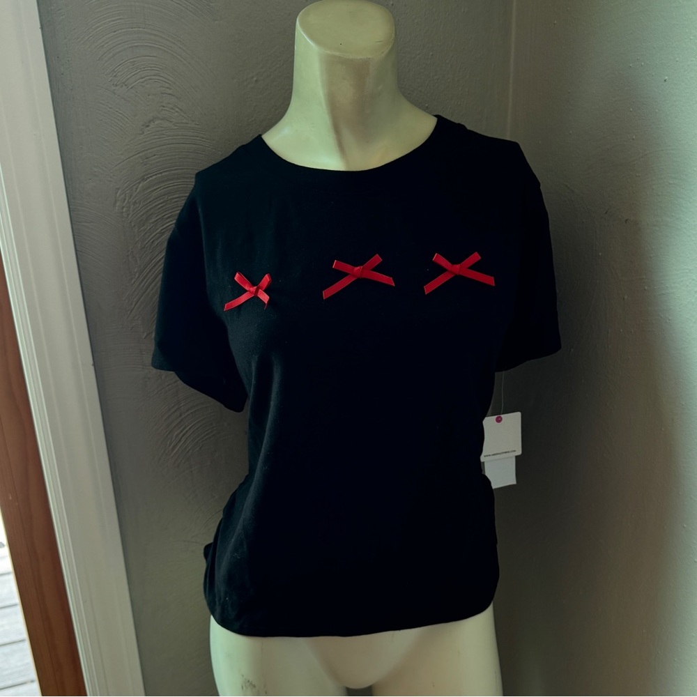 Rebellious one short sleeve black sweater with red bows size XL NWT
